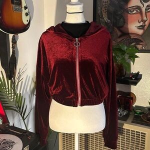 Burgundy Velvet Velour Cropped Track Suit Jacket.